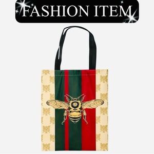 PURSE: Beige, Green, & Red Canvas Tote w/Bee Design, NWOT